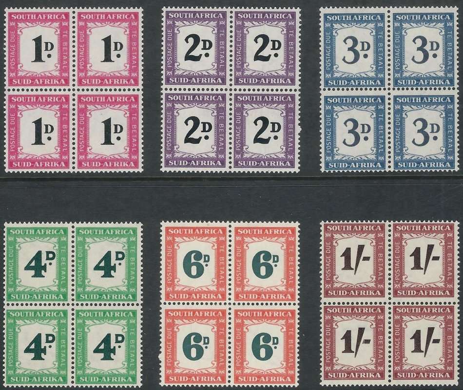UNION Postage Dues 1950-1958 set in blocks of 4, MNH (SACC 38-43, cv R2600)
